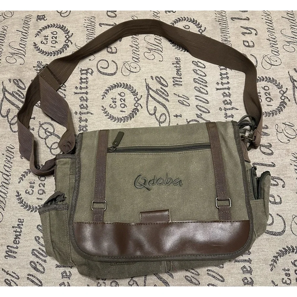 Sovrano Olive Canvas Messenger Bag Crossbody - Qdoba Logo'd